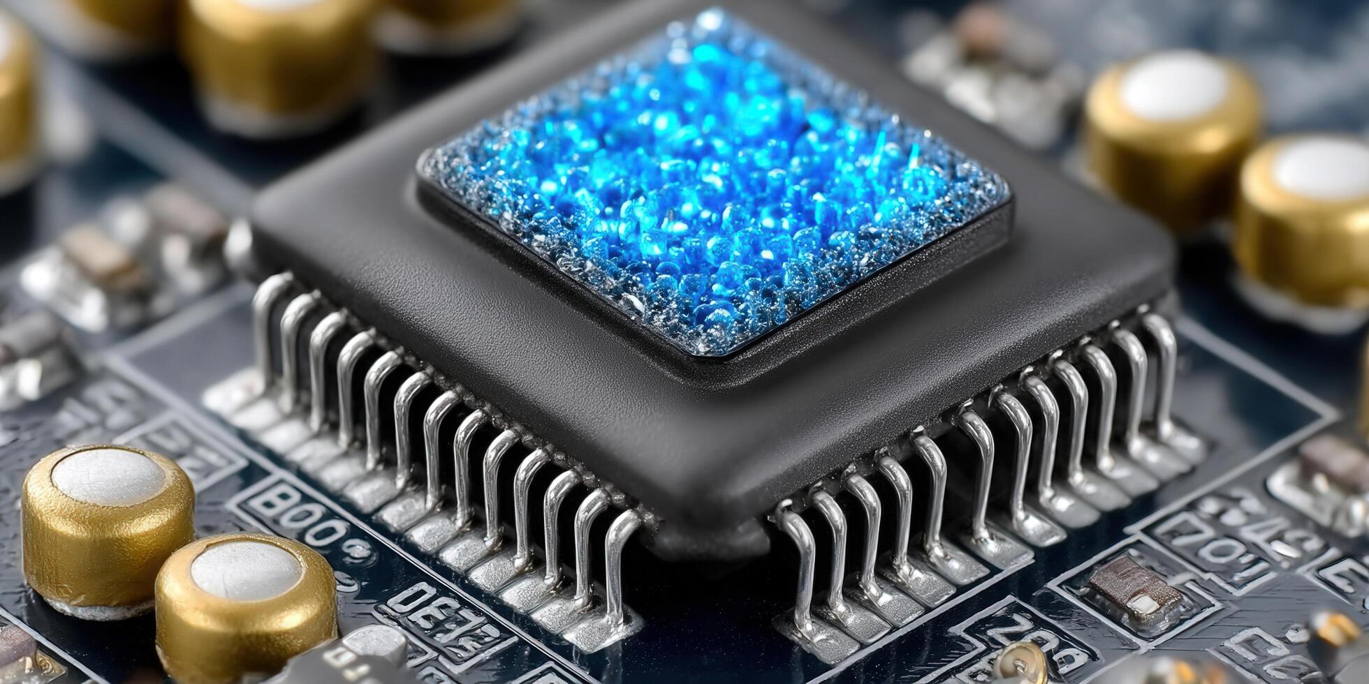 Detailed view of a microchip, highlighting the intricate circuitry of the processor on a circuit board. photo