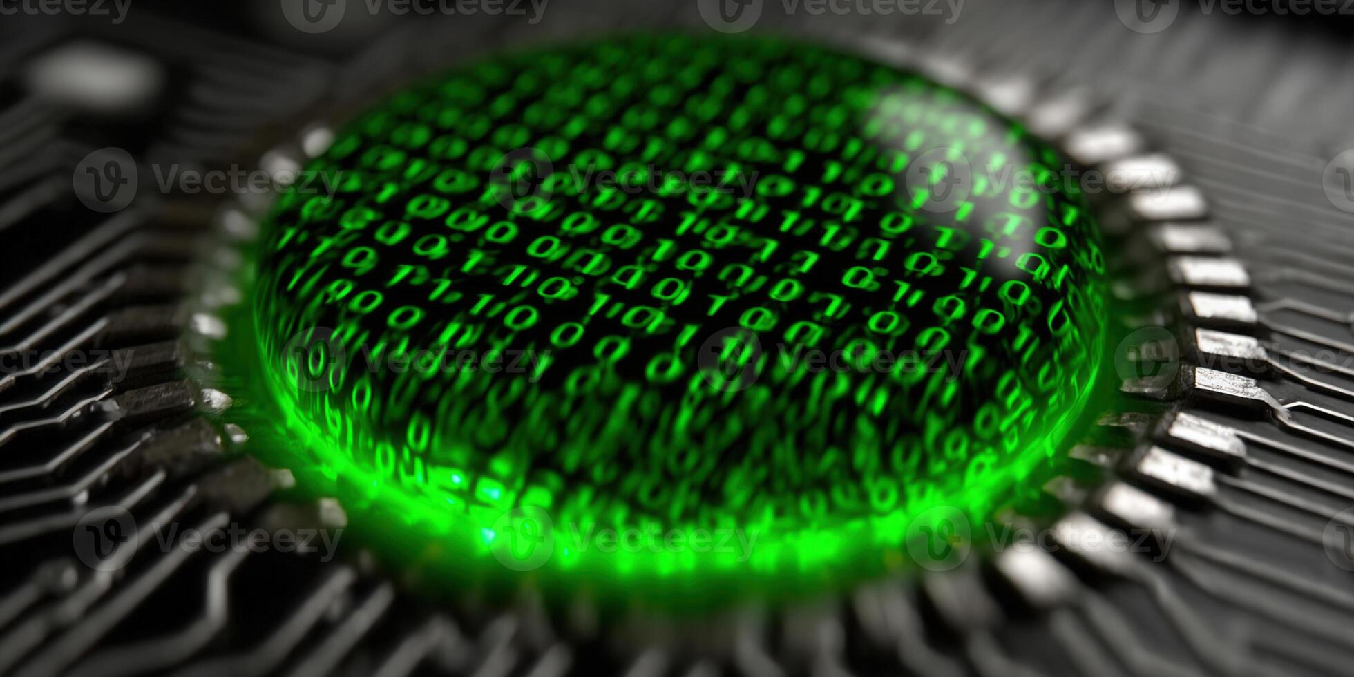 A glowing green binary code on a computer circuit board, representing digital technology. photo