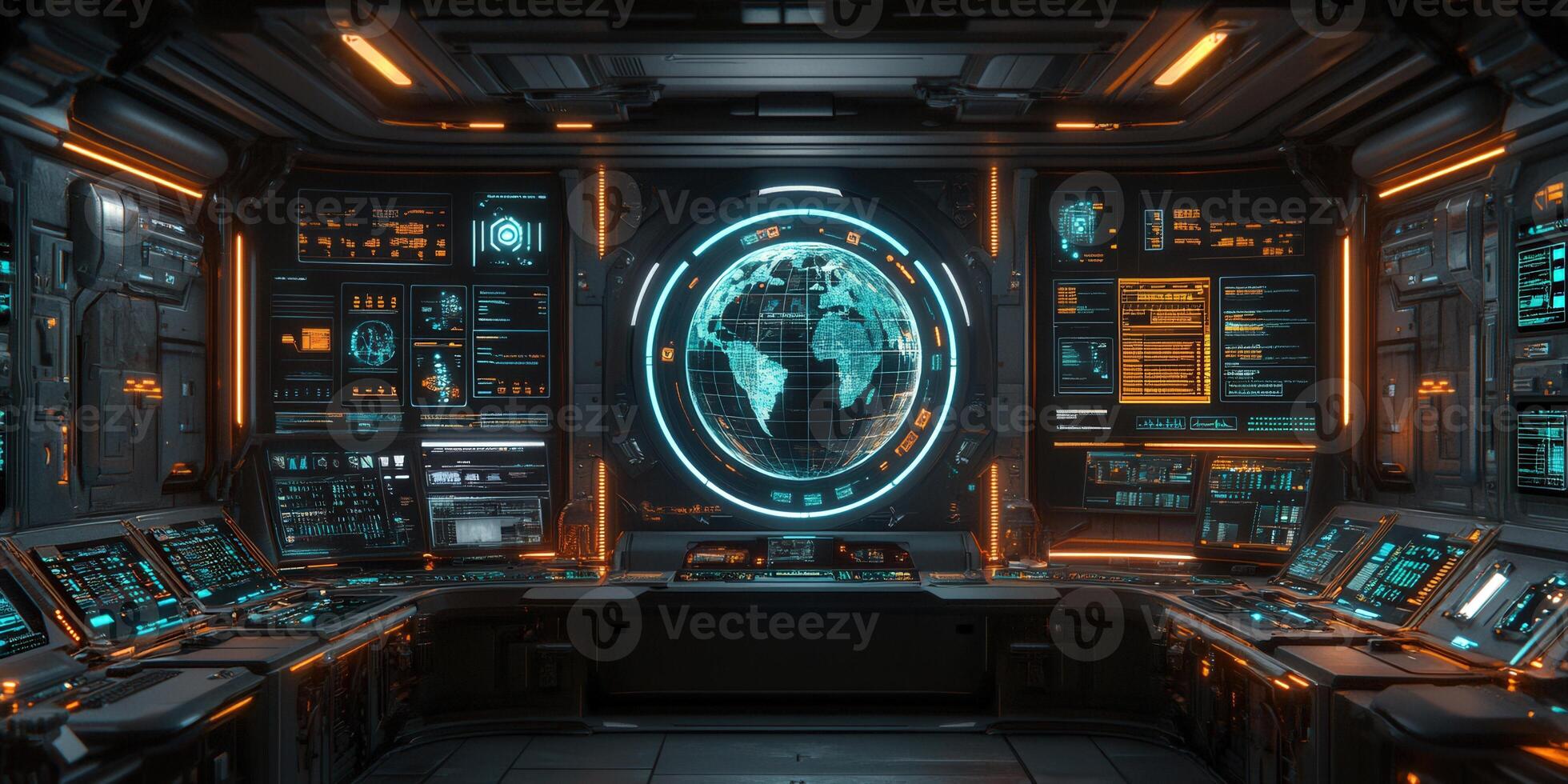 The futuristic command center showcases advanced technology and a glowing global map. photo
