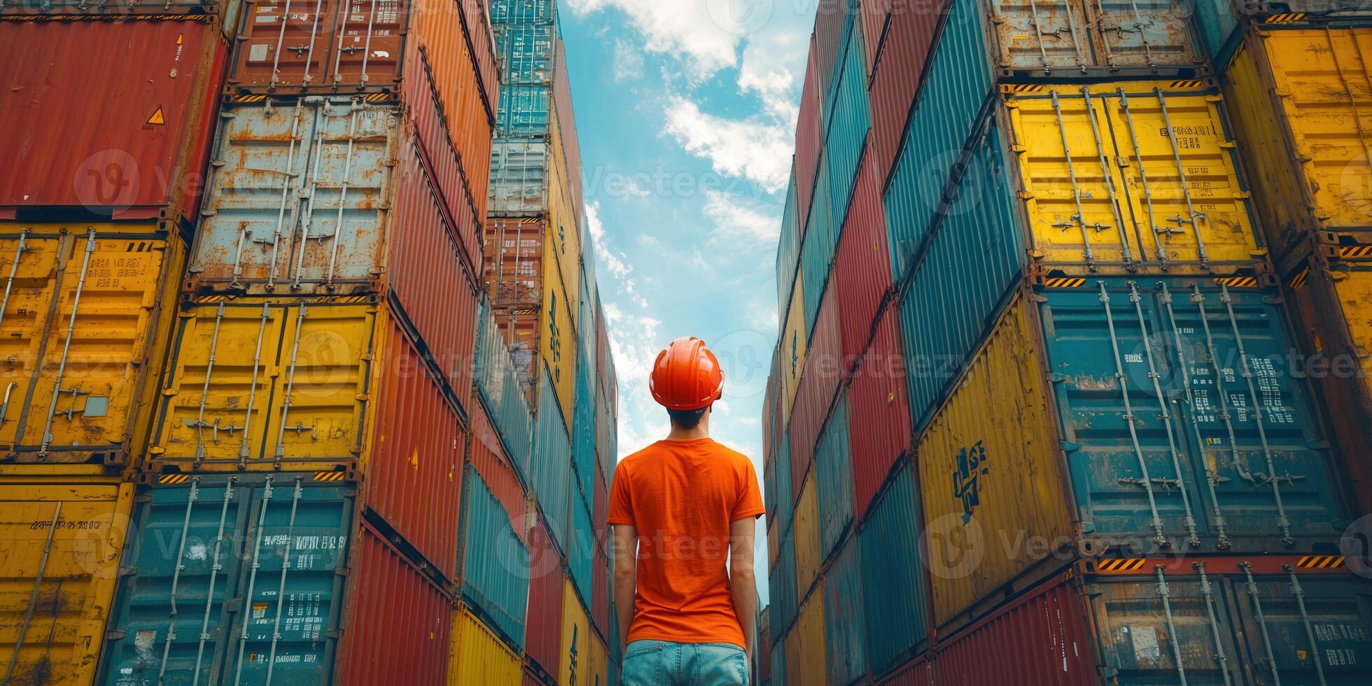 A worker in a hard hat looks up at a towering stack of colorful shipping containers. photo