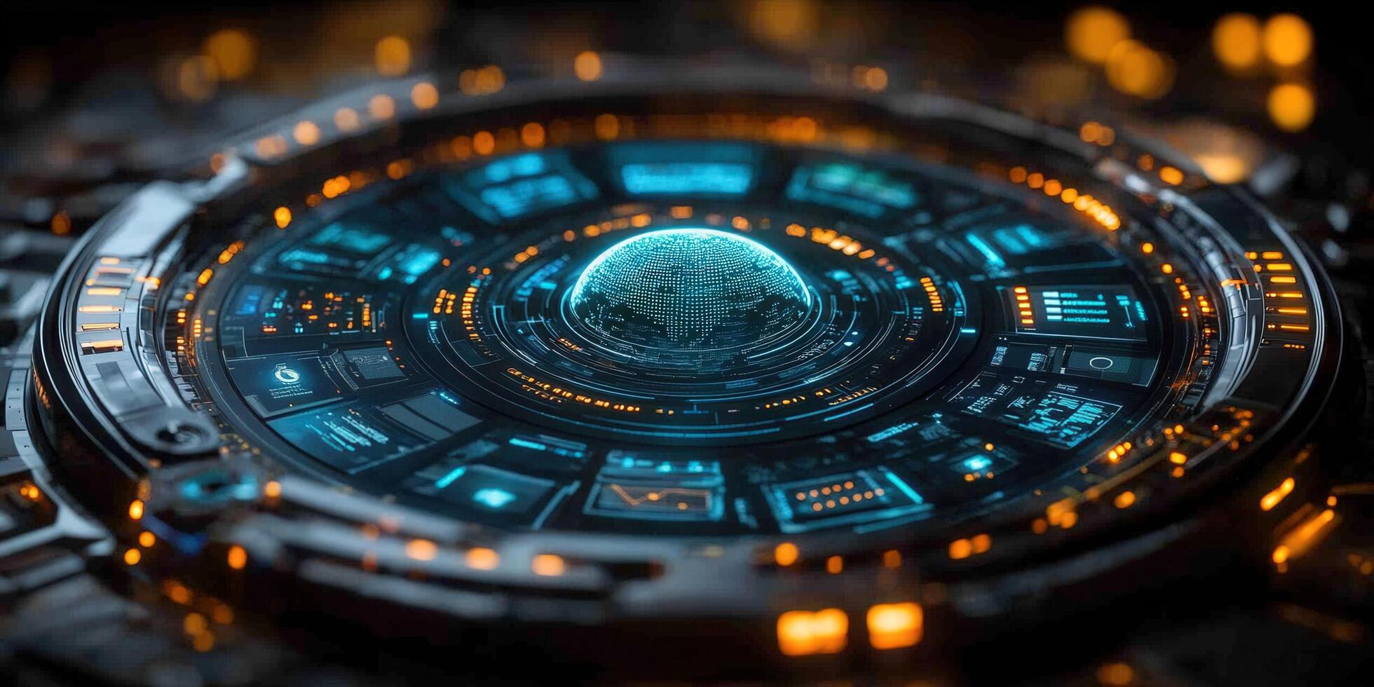 This image features a futuristic digital interface representing global networks and data flow. photo