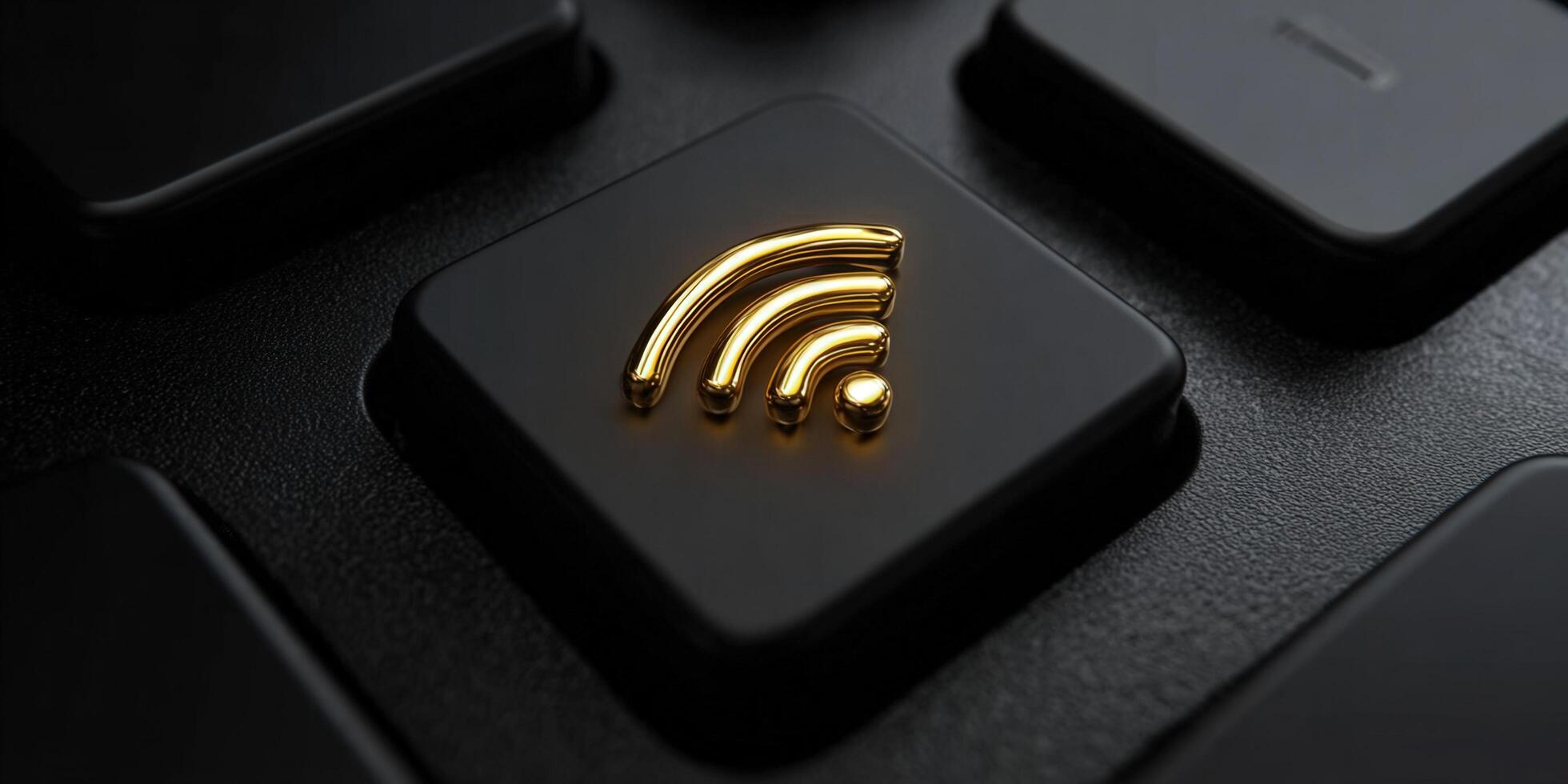 A golden wifi symbol on a black keyboard key, representing internet connectivity. photo