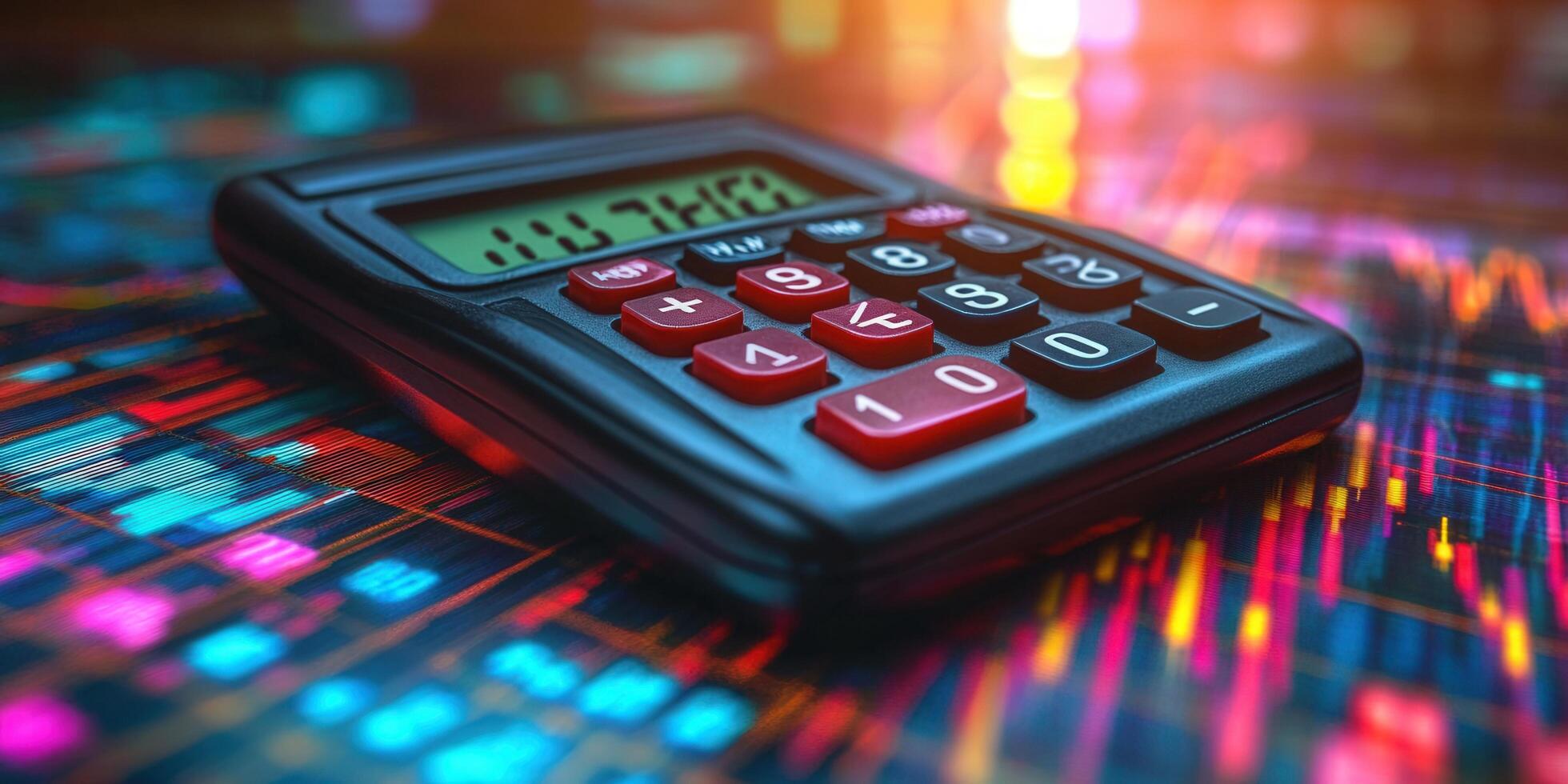 The calculator rests on a backdrop of vibrant data, perfect for financial analysis. photo