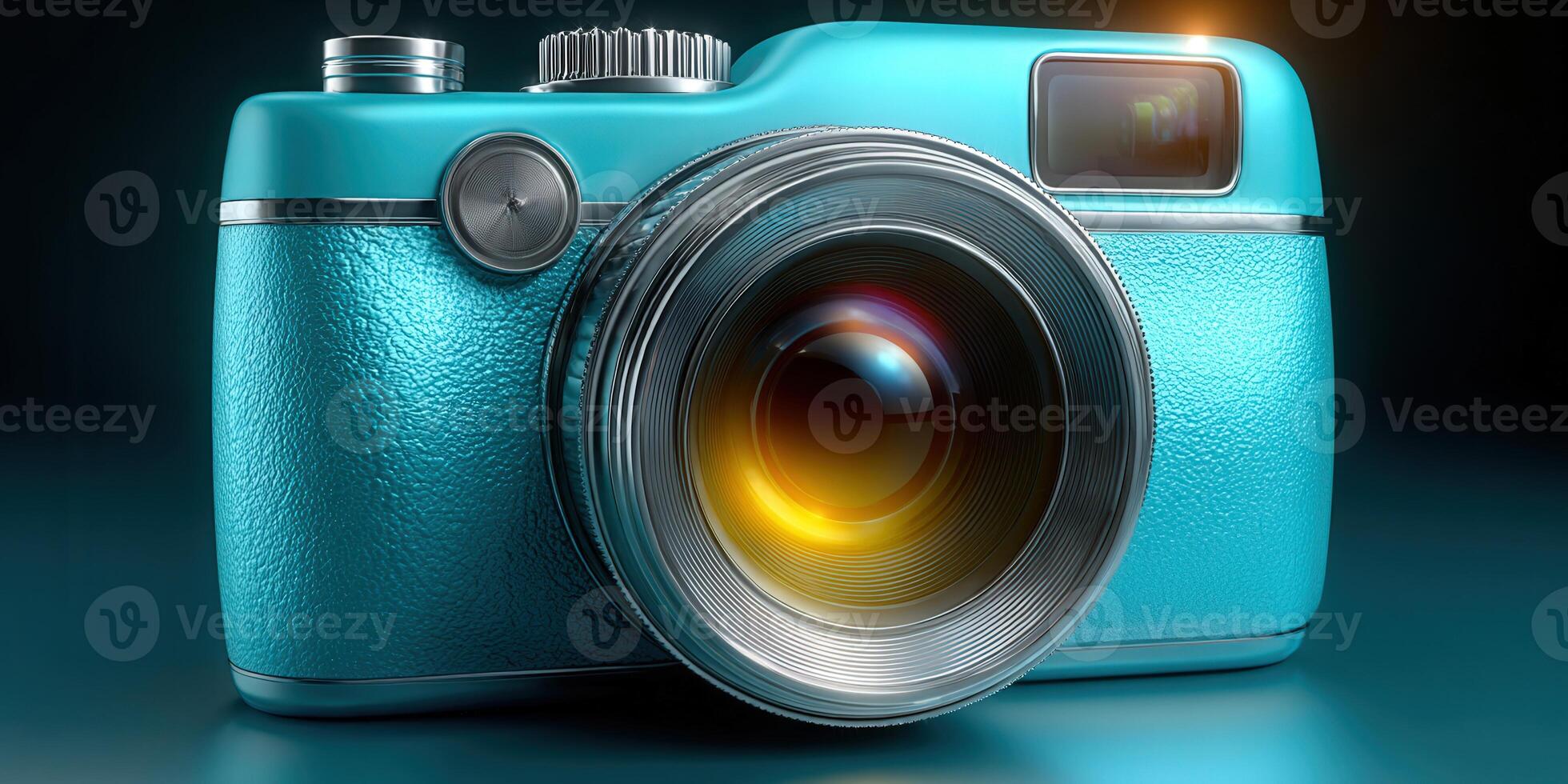 A stylish teal camera is the centerpiece, with a focus on its metallic details and reflective lens. photo