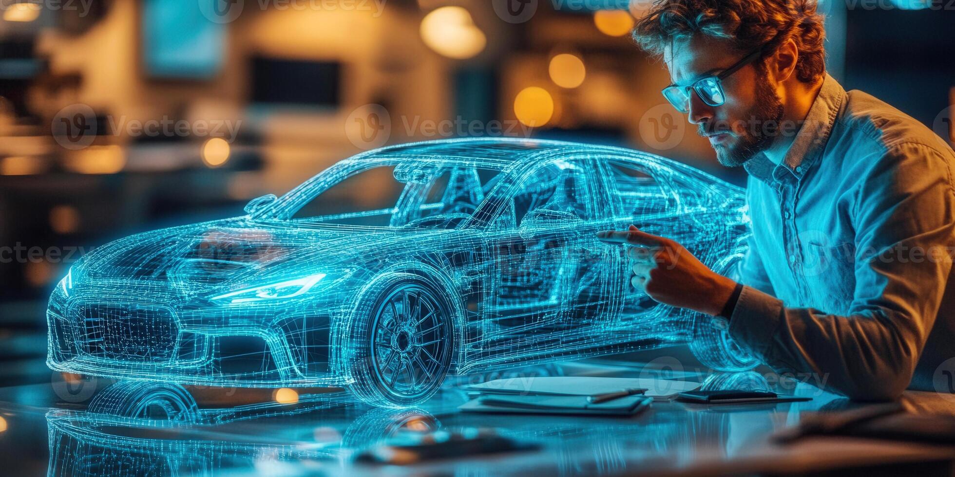 A man points at a futuristic digital car model, representing technology and innovation. photo