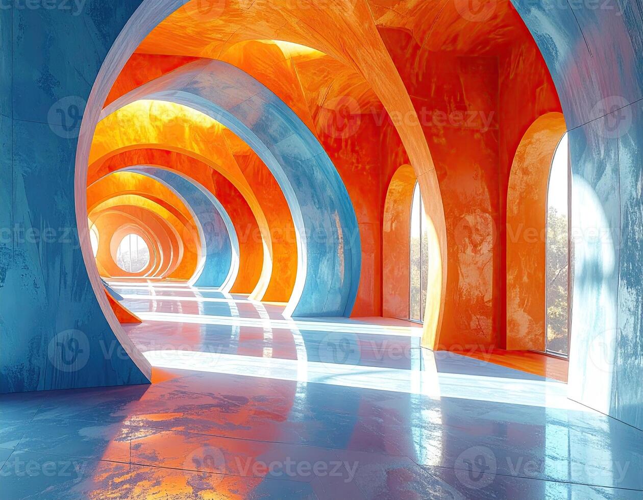 A vibrant, colorful tunnel with arched, concentric walls in orange and blue. Sunlight streams through windows, reflecting on the smooth, wet floor photo