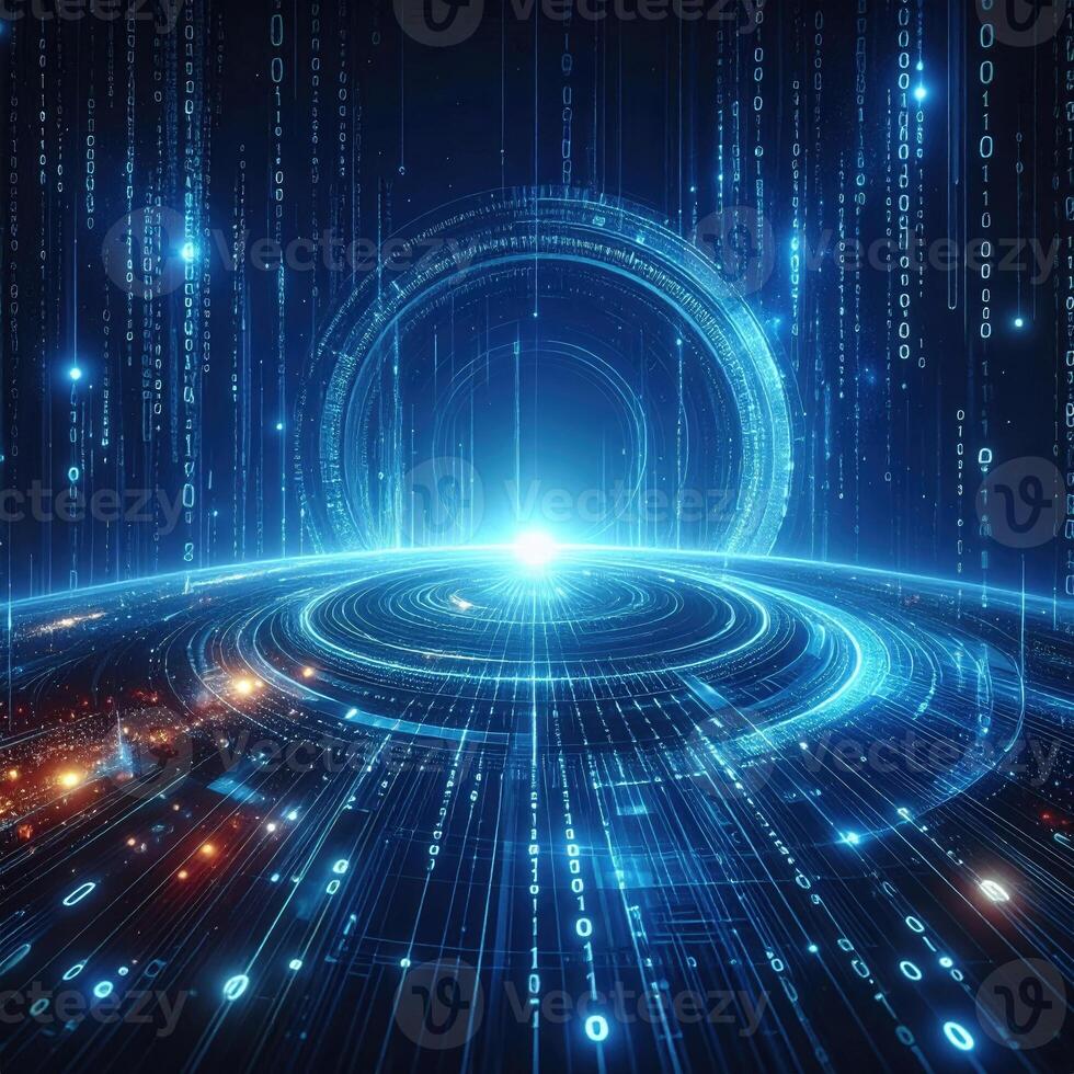 Futuristic digital landscape with glowing rings and binary code photo