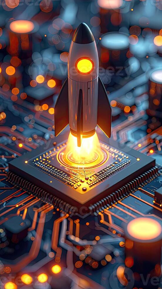 A rocket launches from a central processor chip, set against a detailed circuit board background. Bright, glowing orange highlights emphasize the action and technology photo