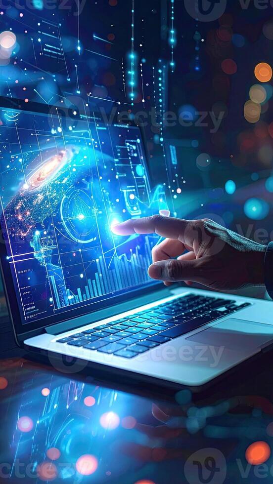 A hand interacts with a glowing laptop screen displaying dynamic data visualizations. Overlayed digital information swirls around the screen, creating a futuristic and technological atmosphere photo