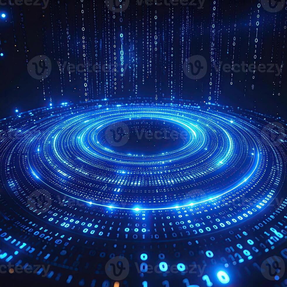 Abstract digital platform with swirling light and binary code photo