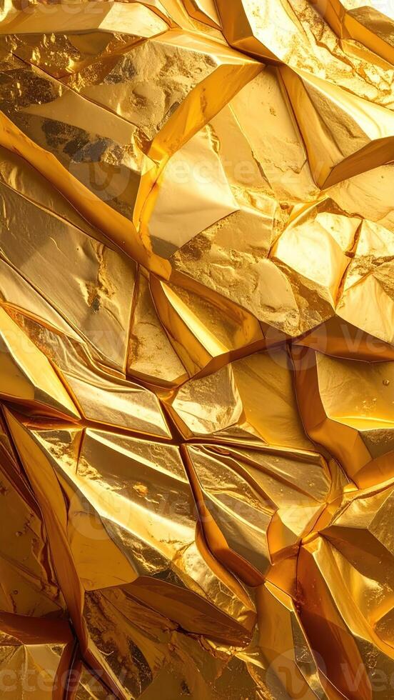 Close-up view of a gold-colored, textured surface. Abstract, multifaceted shapes and reflective facets create a rich, gleaming effect photo