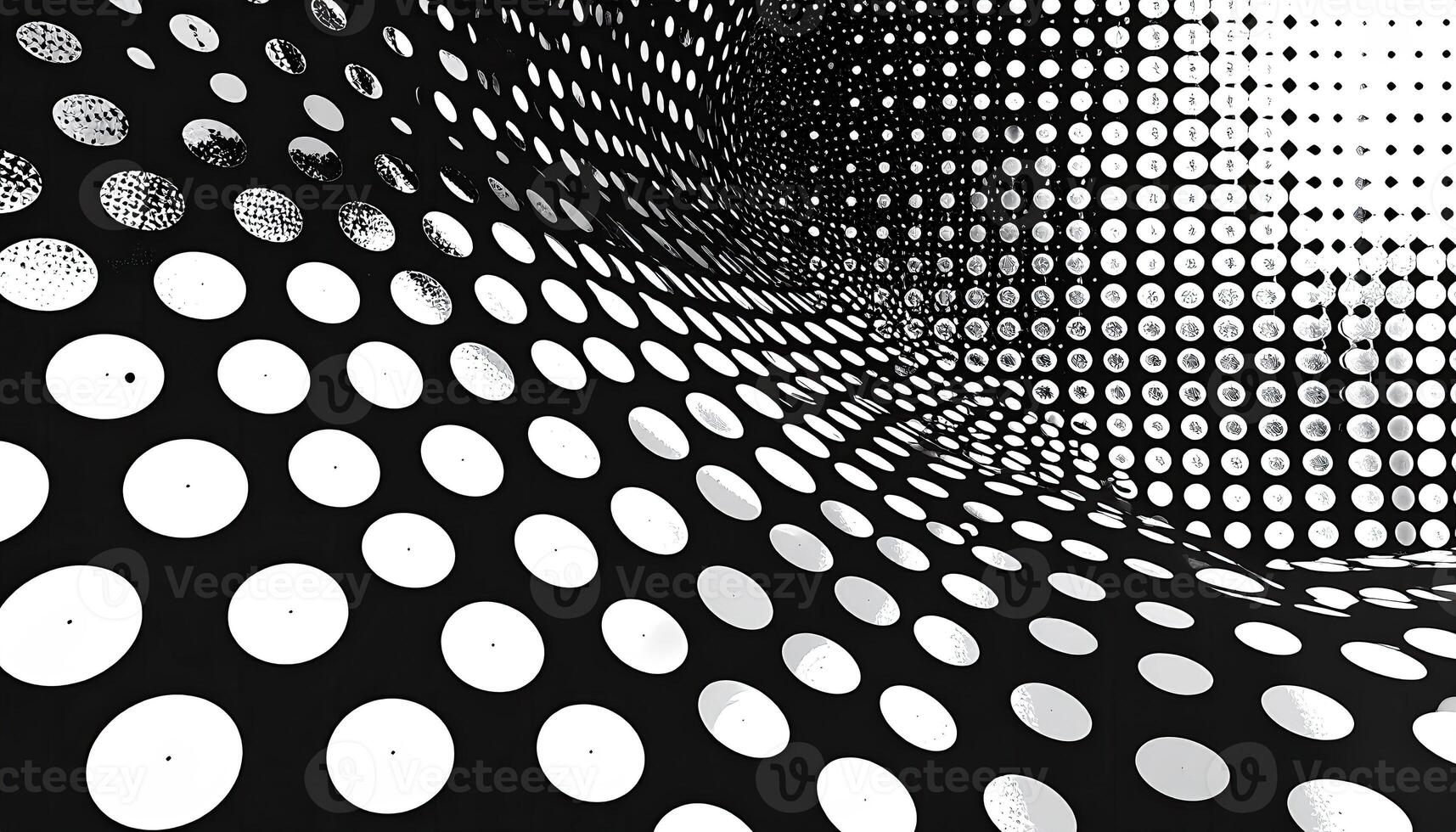 Abstract black and white design featuring a dynamic pattern of overlapping circles and halftone dots. The circles curve in a flowing, almost tunnel-like, perspective photo