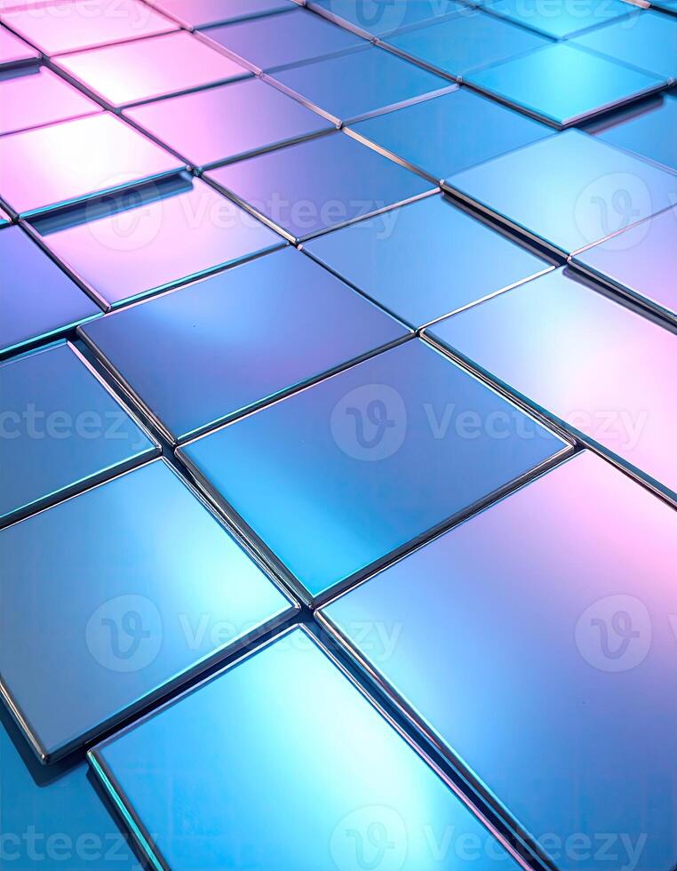 Abstract geometric pattern of overlapping squares in iridescent blue and pink hues photo