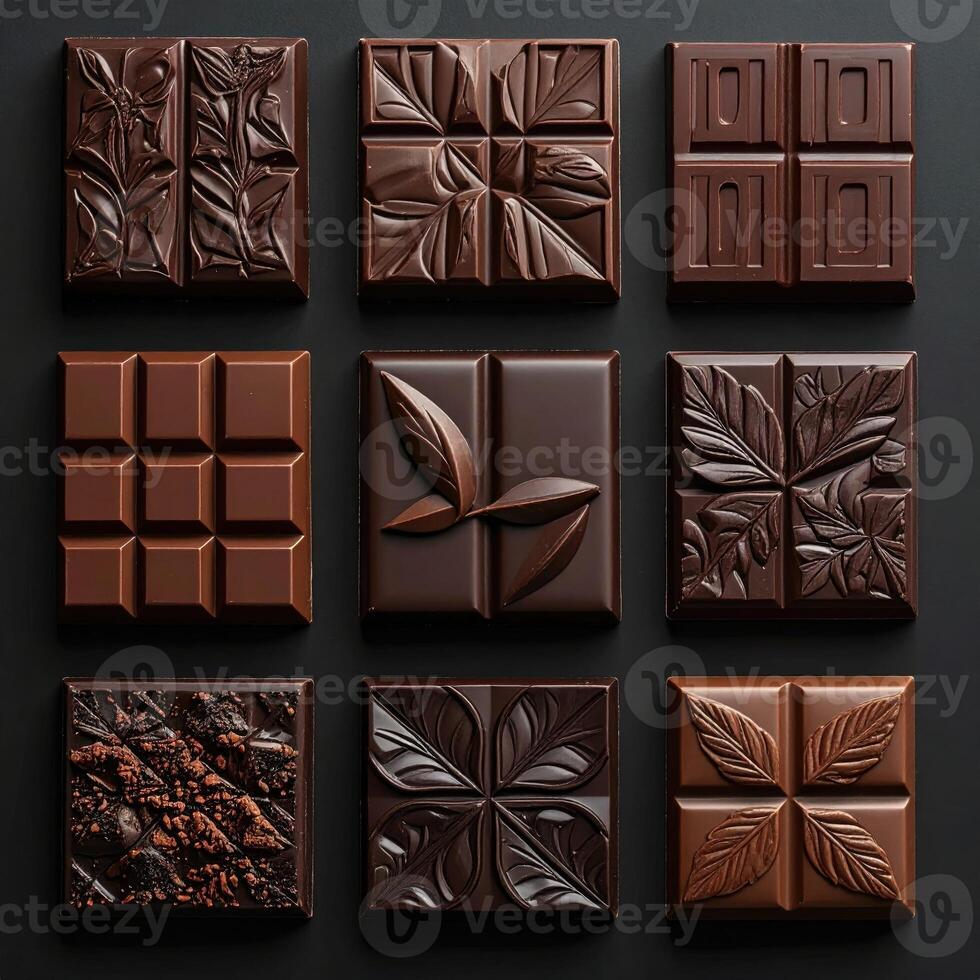 Nine square dark chocolate bars, each with unique embossed designs. Variety of textures including smooth, patterned, and textured surfaces. All arranged on dark background photo