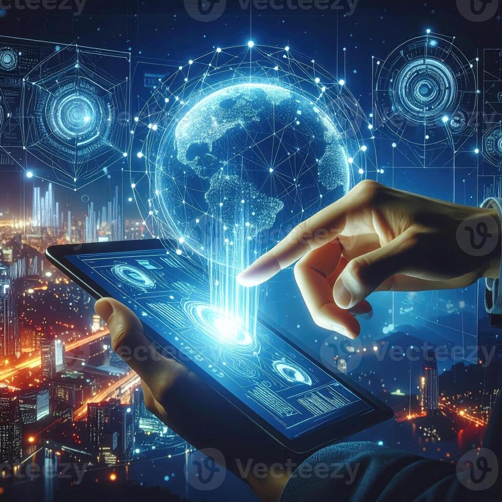 A hand holding a tablet with a holographic projection of a globe and data visualizations over a cityscape at night photo