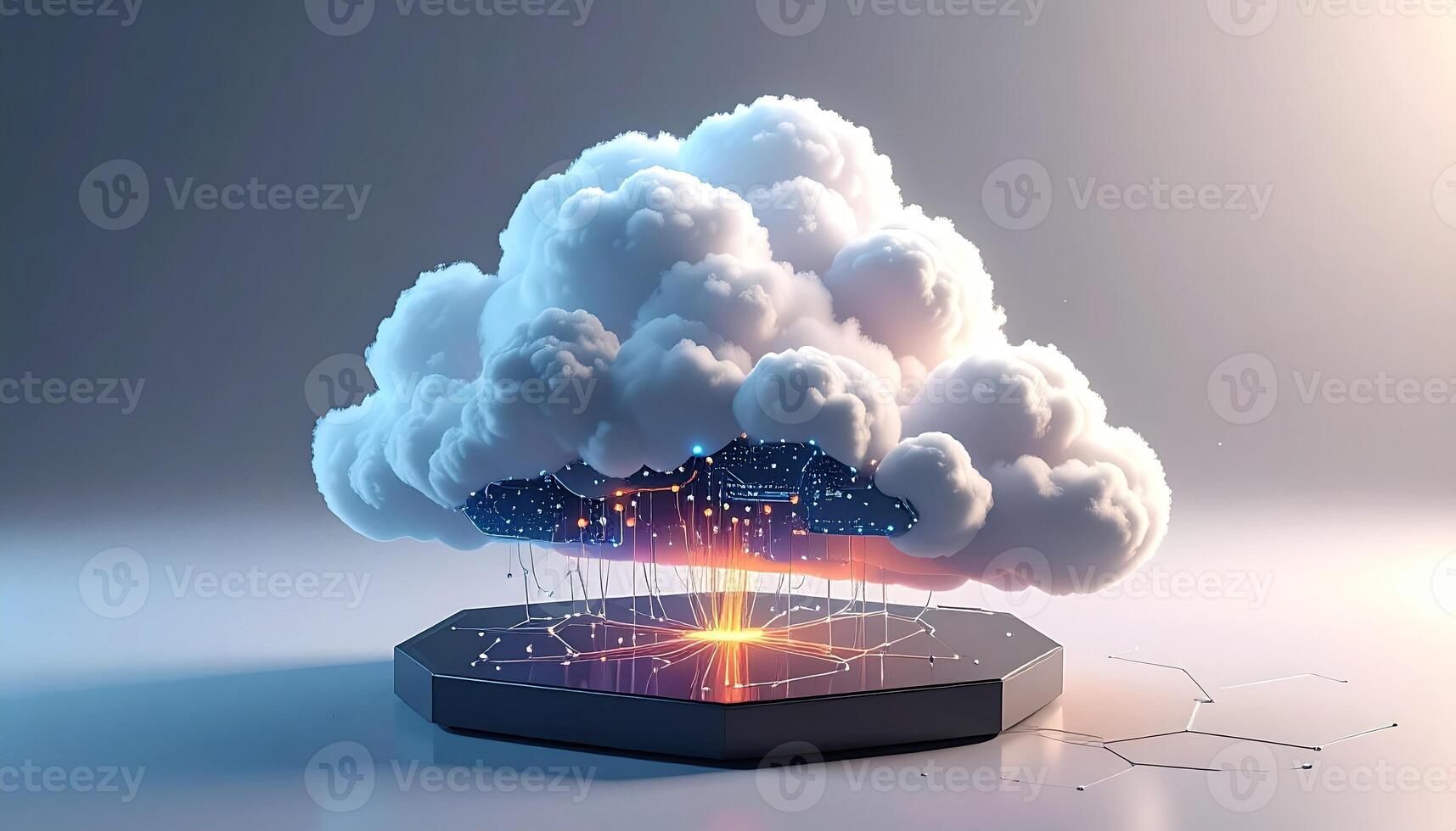 A 3D rendered cloud, representing cloud computing, sits atop a hexagonal base. Digital lines and glowing points, symbolizing data flow, connect the cloud to the base, casting a warm glow photo