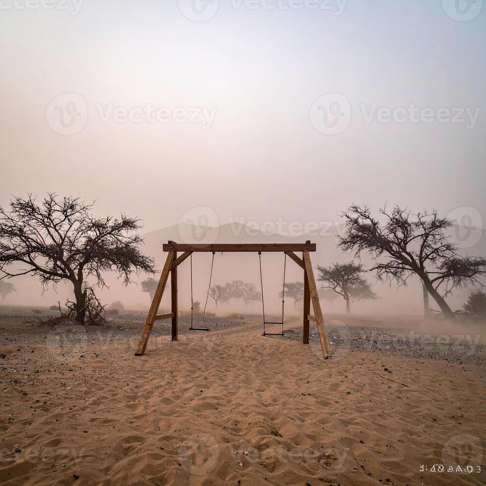 A solitary wooden swing set in a dusty desert landscape. A light haze blankets the scene, emphasizing the stillness and vastness of the arid environment. Bare, leafless trees flank the swing set, further highlighting the desolate atmosphere. The path a photo
