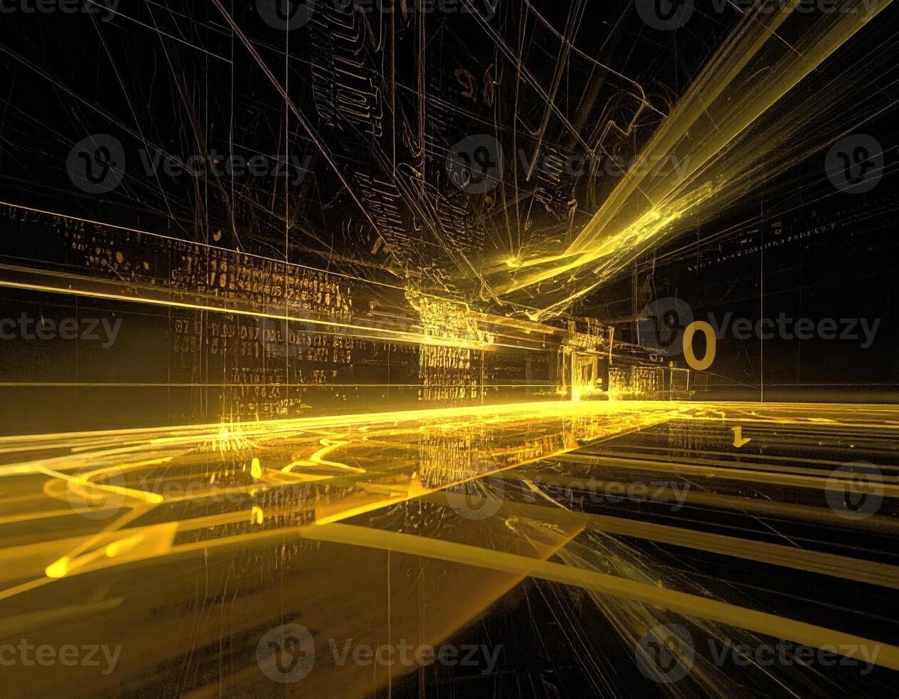 Golden digital cityscape, abstract fractal. A glowing, golden, digital landscape with complex, interwoven lines, patterns, and numbers. Perspective stretches deep into a futuristic, tech-rich environment photo