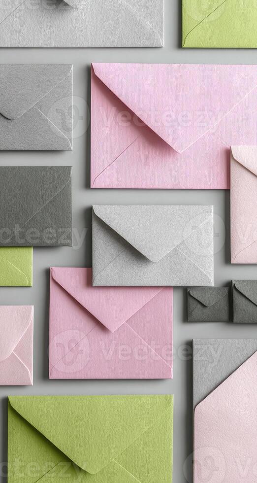 Many different colored envelopes arranged in a row photo