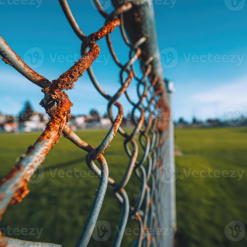 A rusty chain link fence with a soccer field in the background photo