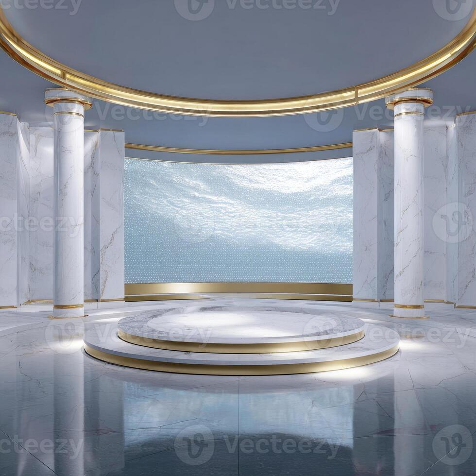 A large marble room with columns and a large pool photo