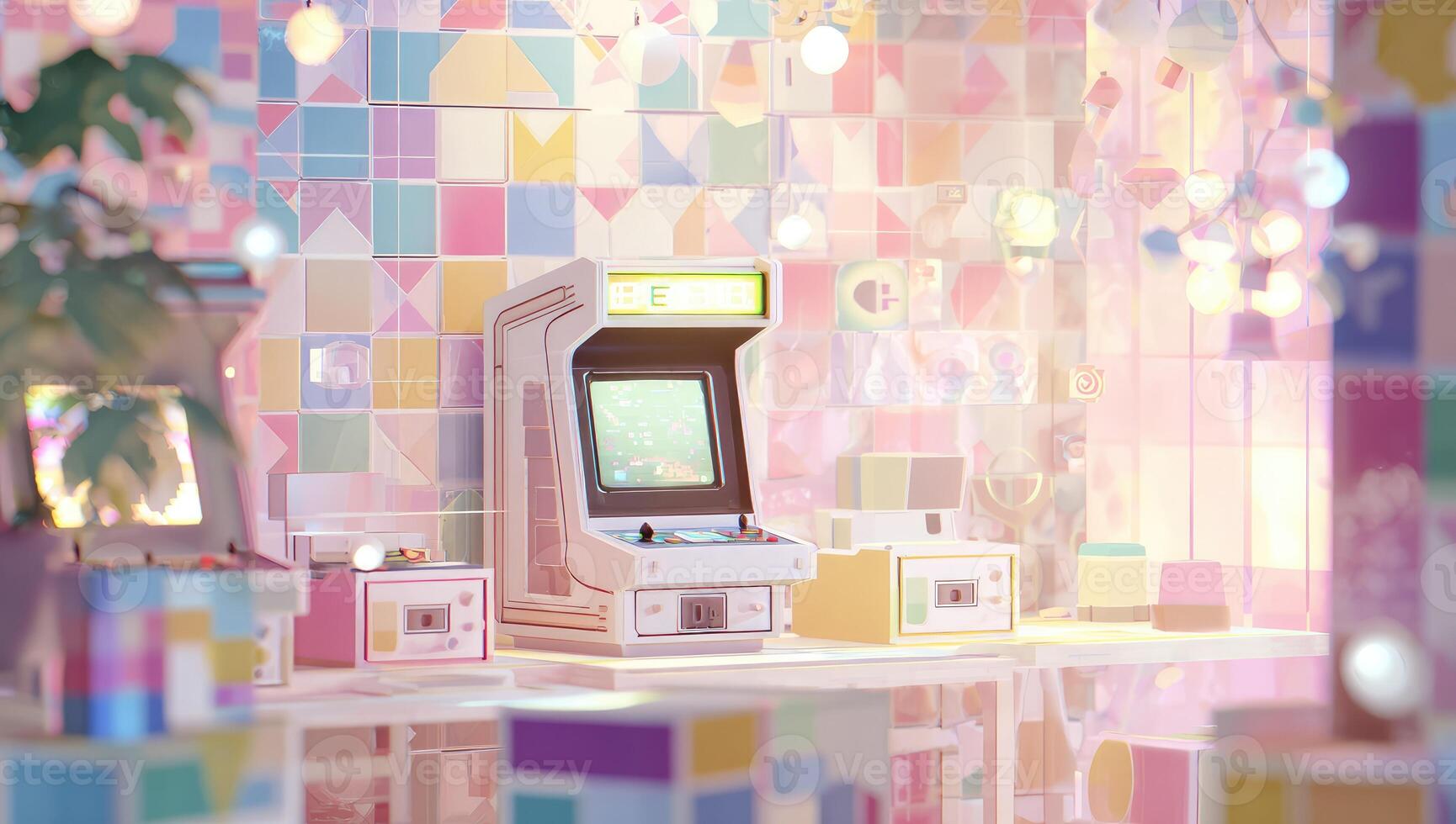 A colorful room with a computer and a table photo