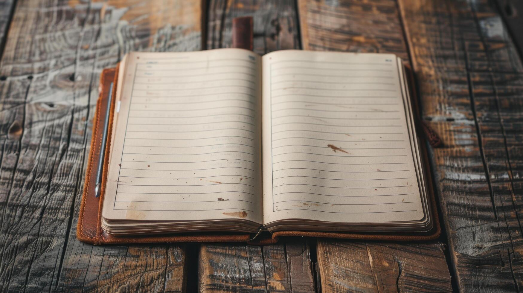 An open notebook on a wooden table photo