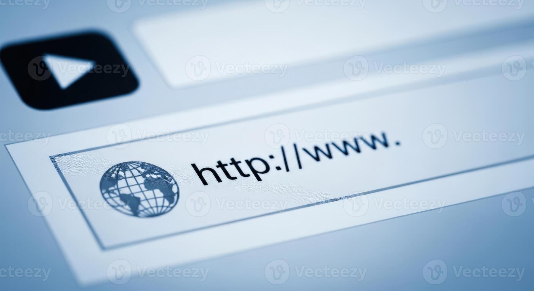 Close up of a web browser address bar showing http colon slash slash www with globe icon and play button photo