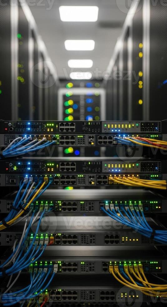 A close up view of server racks with connected cables in a data center hallway with bright lights photo