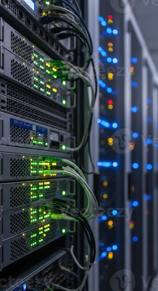 Close up of server racks with cables and blinking lights in a data center environment setting photo