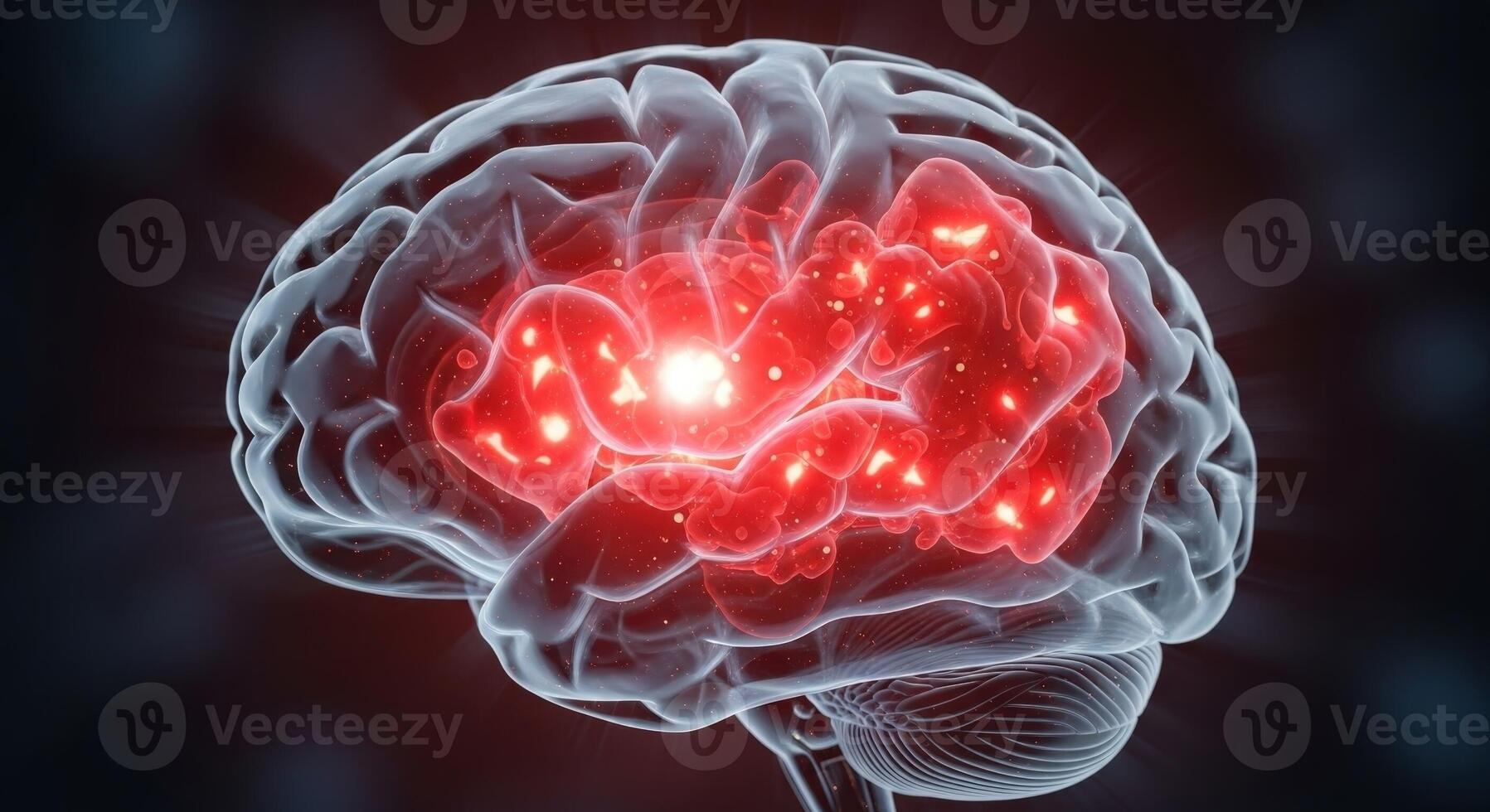 Illuminated brain with red areas highlighting activity and a transparent outer layer visible photo