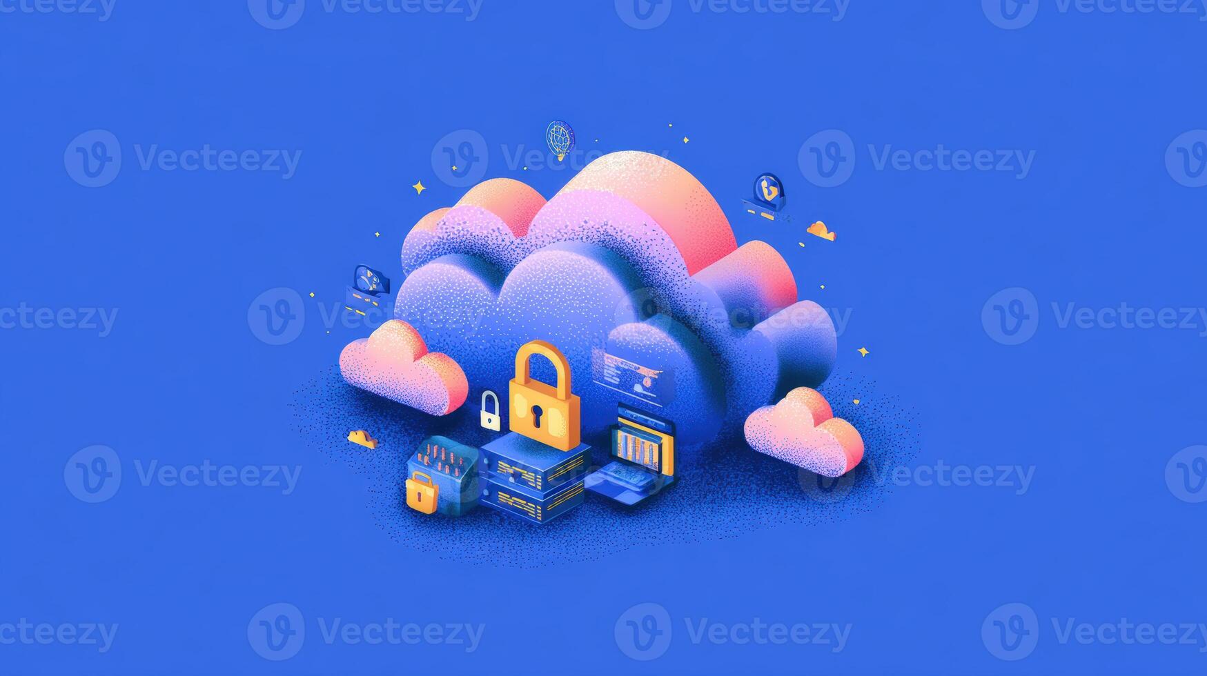 Isometric cloud security concept with padlock and data storage on a blue gradient background scene photo