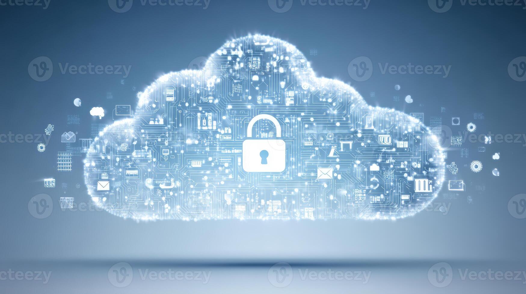 A digital cloud with circuit patterns and a padlock in the center representing data security concept photo