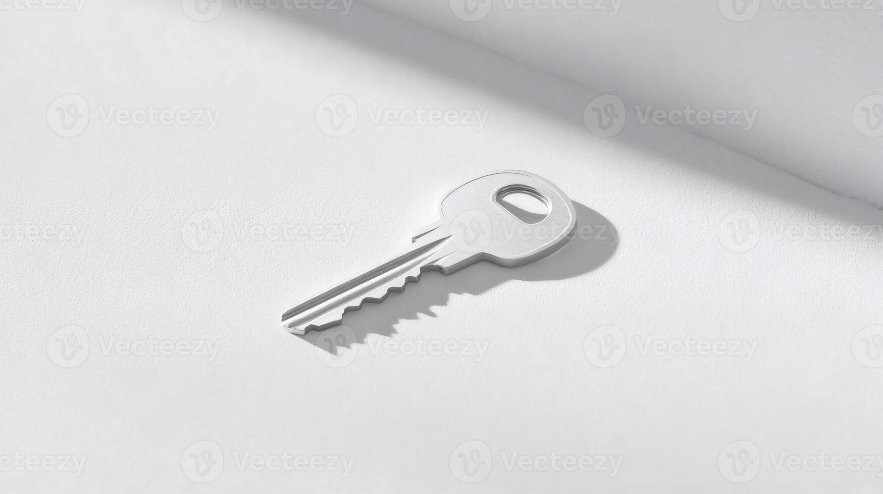 A minimalist image of a metal key lying on a clean white surface. Light and shadow play, creating a sense of simplicity and modern design. photo