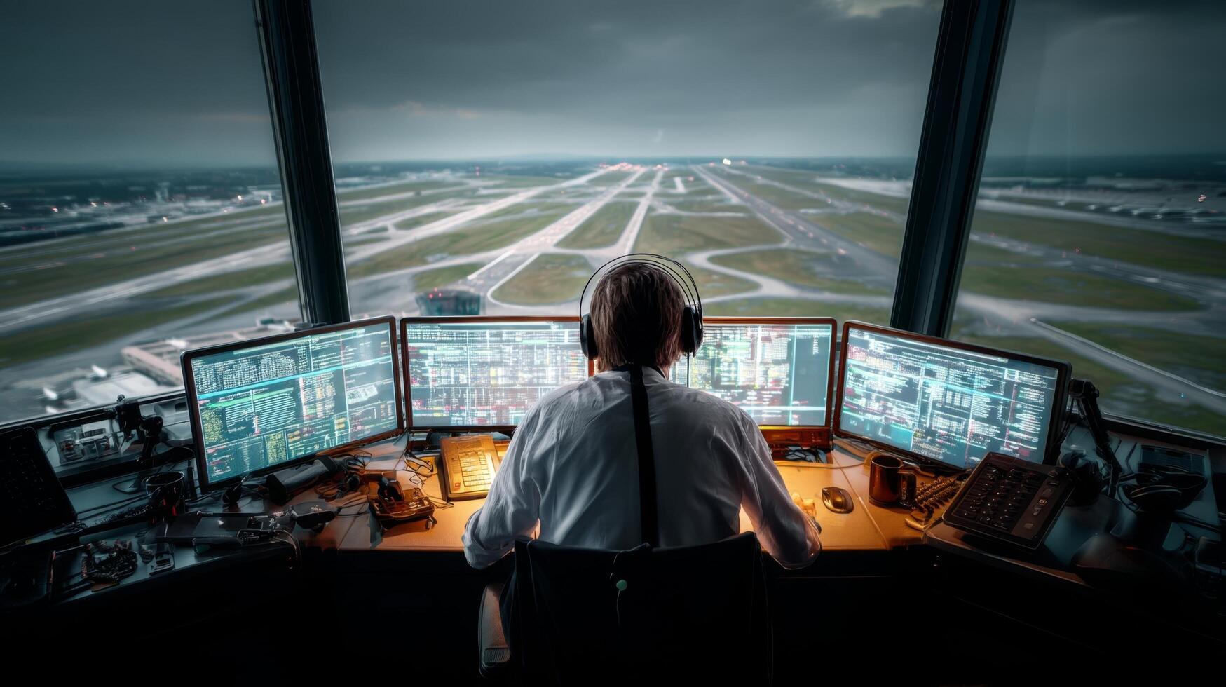 Air traffic controller overseeing airport runway operations with multiple monitors and communication gear. photo