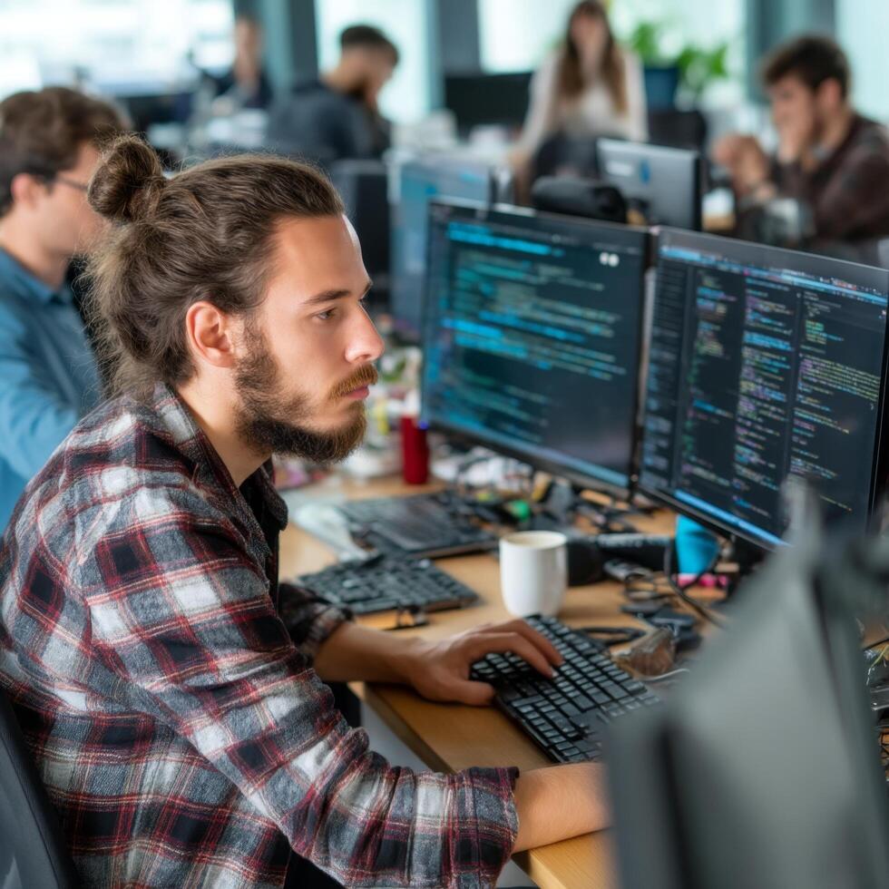 Focused coder with long hair typing on keyboard in open office environment with multiple monitors photo