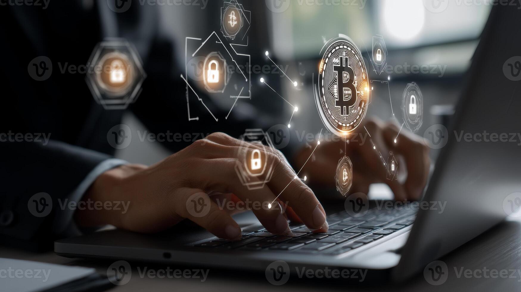 A person is typing on a laptop, with digital cryptocurrency and security lock icons overlayed on the screen. photo