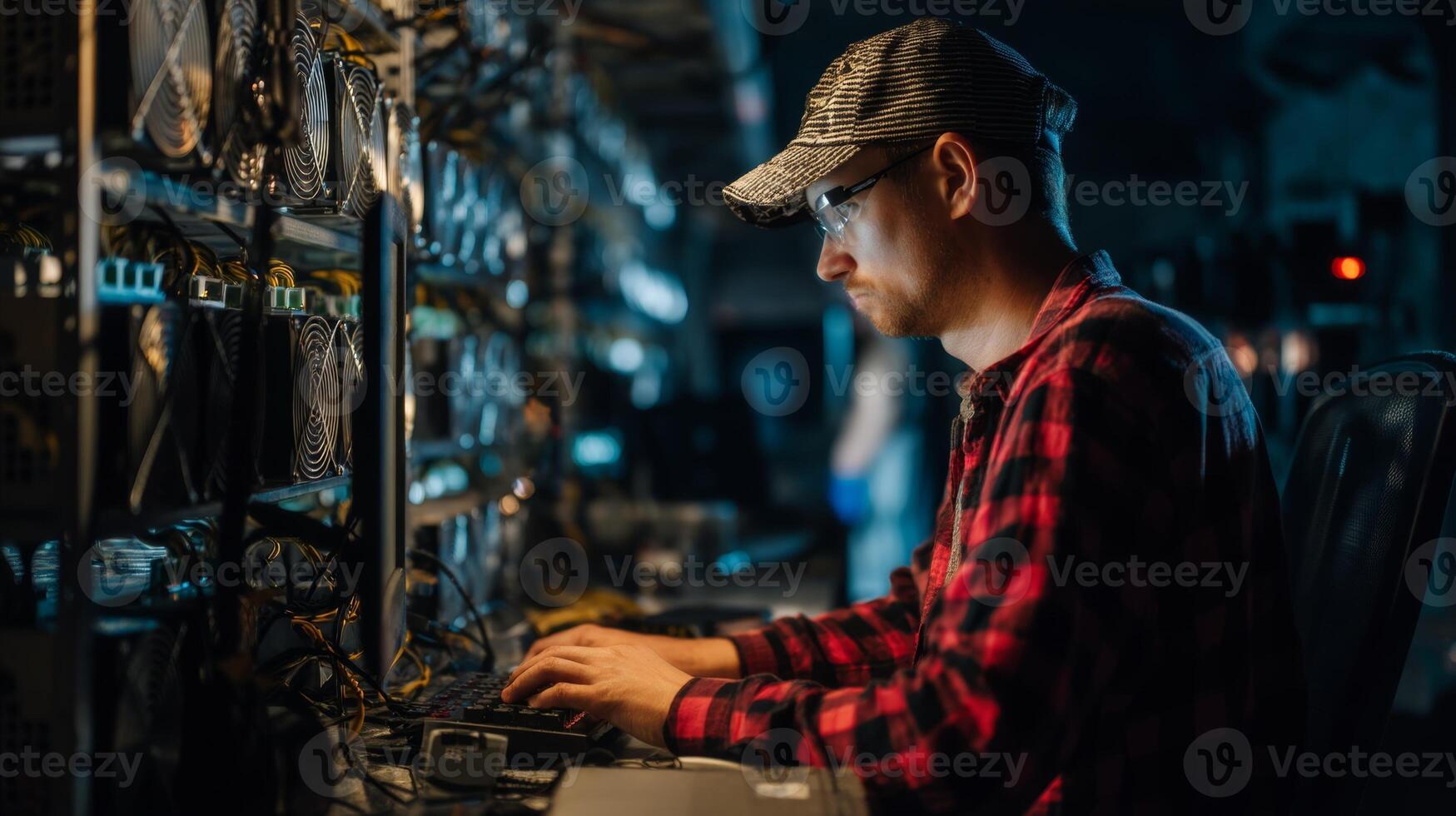 Focused programmer wearing a hat and glasses works on a computer system amid server racks photo