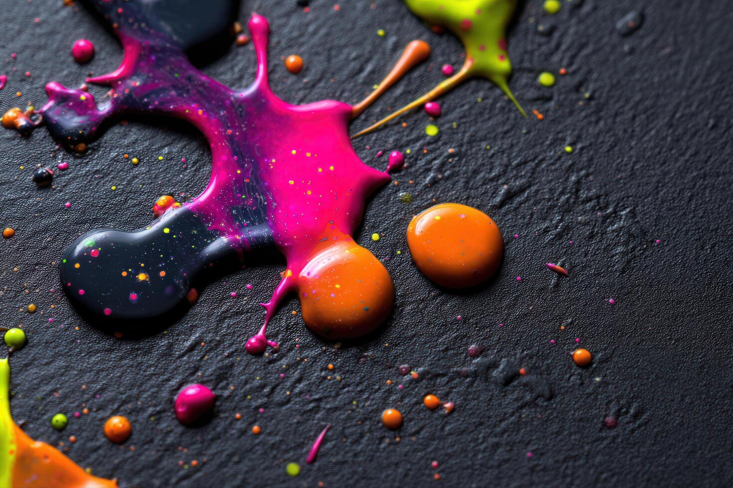 Vibrant paint splatters in neon colors create a dynamic abstract art backdrop for design photo