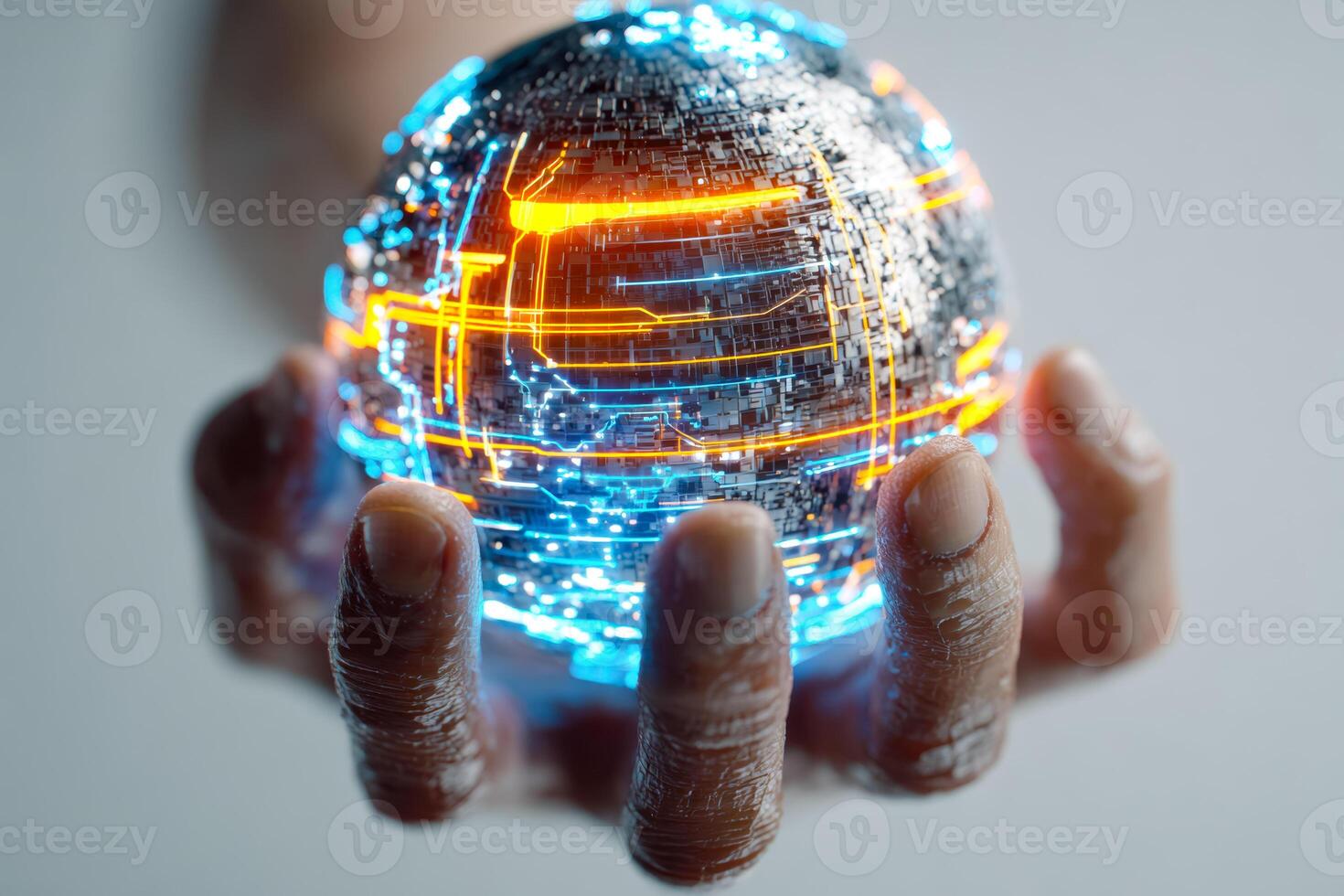 Futuristic digital globe held in hand with glowing data streams and circuit patterns photo