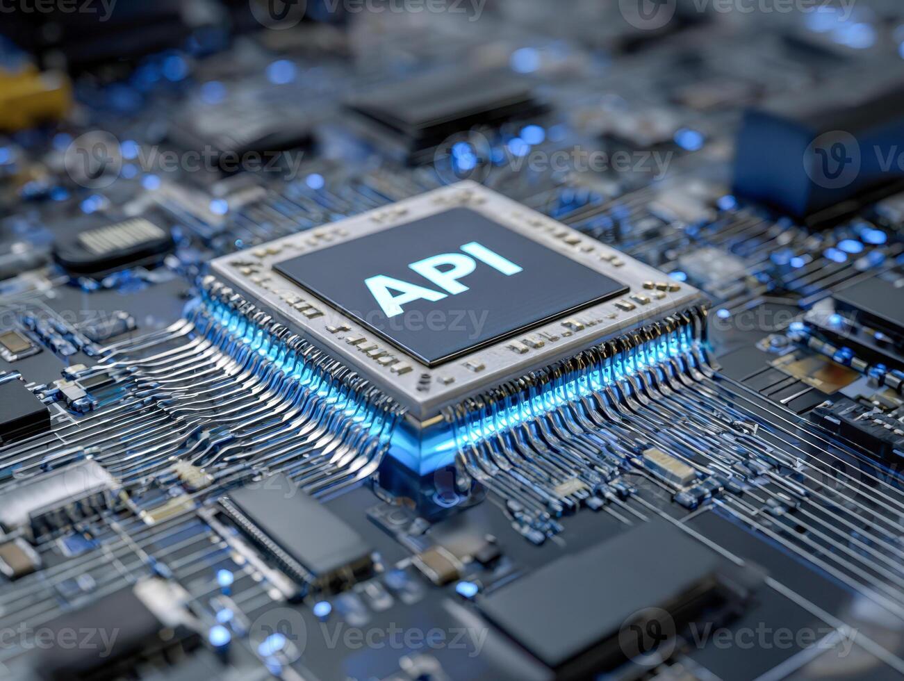 High-tech circuitry featuring a glowing integrated processor chip labeled api with intricate connections on a futuristic electronic motherboard design photo