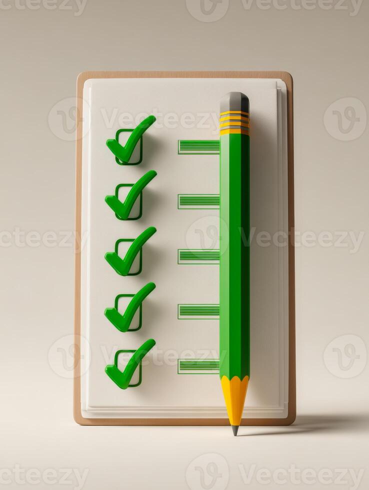 Checklist with green checkmarks and a pencil on a clipboard, symbolizing task completion and organization photo