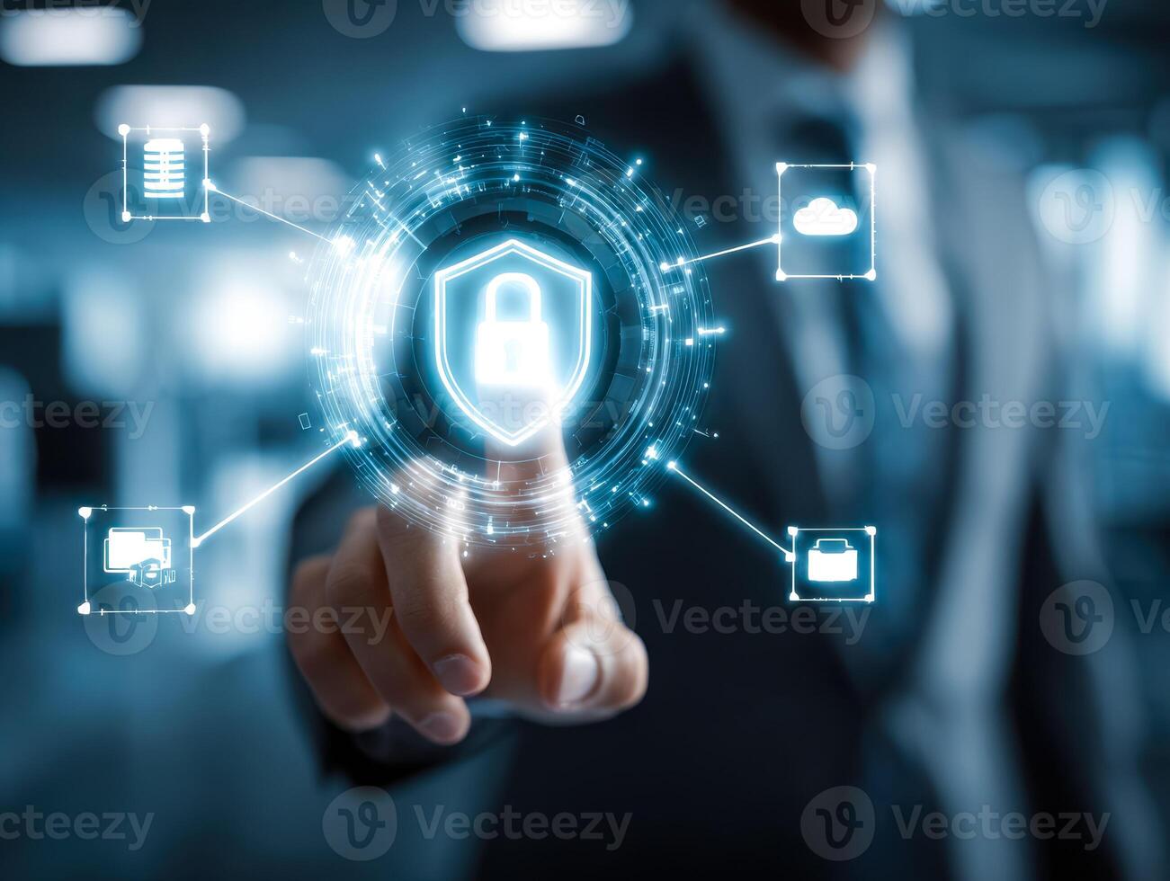 Digital security concept with secure access and data protection icons photo