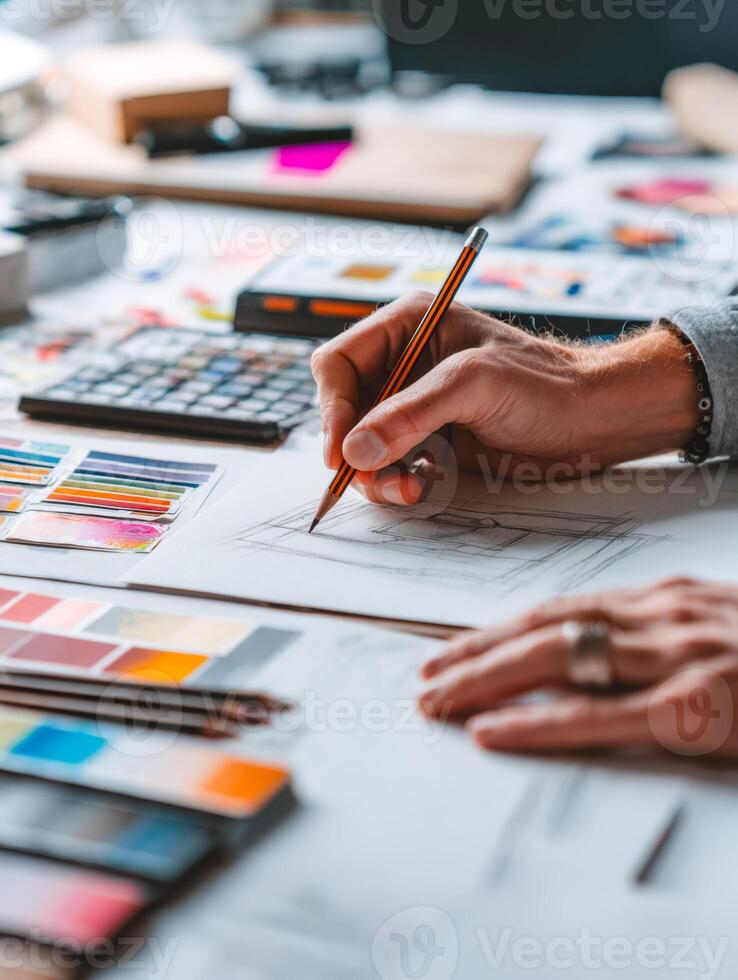 Designer creating an art sketch amidst color palettes and design tools on a workspace photo
