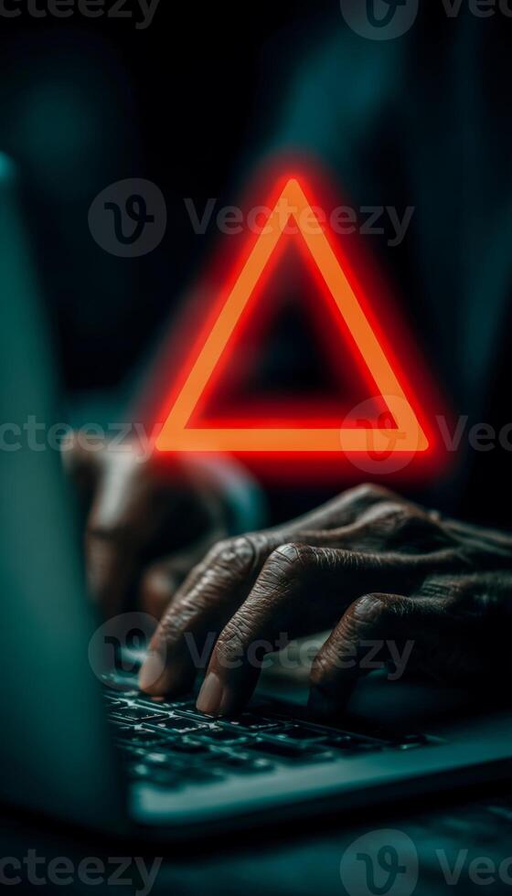 Person using a laptop with a glowing red warning triangle icon on the screen, representing a cybersecurity alert or warning photo