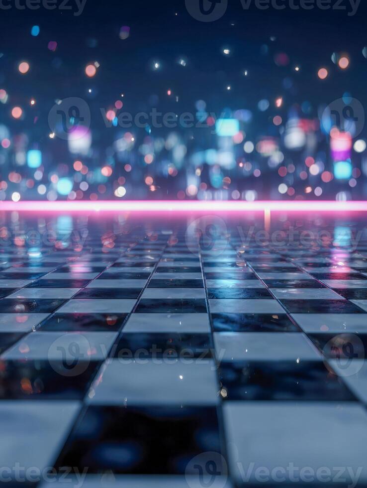 Abstract futuristic cityscape with illuminated bokeh lights blurred in the background and a reflective checkered floor extending towards the horizon at night photo