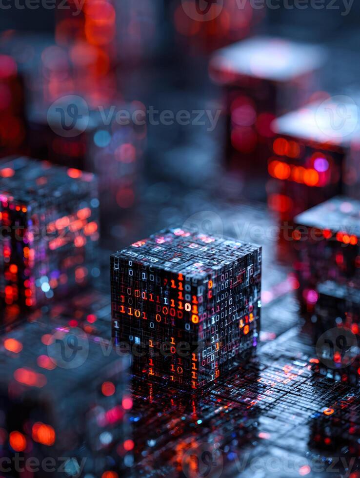 Futuristic digital cubes with glowing binary code in a high-tech environment photo