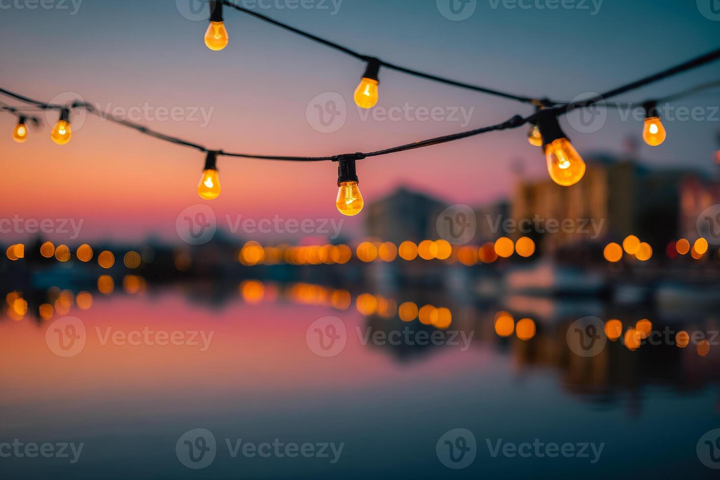 Warm glowing string lights hanging over calm waterfront during colorful sunset with softly blurred cityscape in the background creating a cozy atmosphere photo