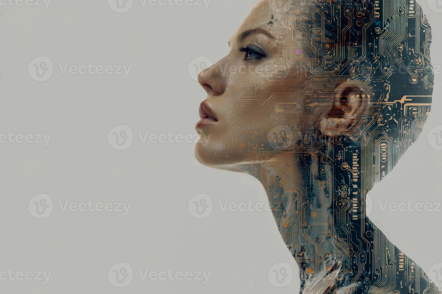 Futuristic portrait of a woman with a digital circuitry overlay symbolizing the integration of human intelligence and advanced technology in a sleek, modern style photo