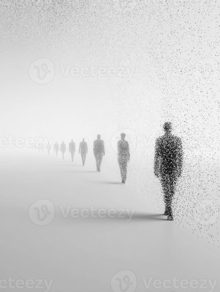A conceptual series of human figures walking forward with one figure disintegrating into particles, symbolizing transformation and the passage of time in a minimalistic setting photo
